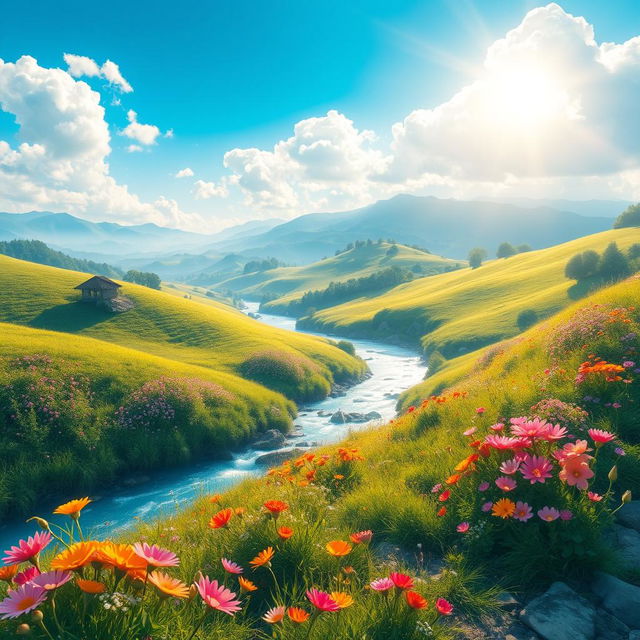 A stunning and serene background featuring a magical fantasy landscape filled with lush green hills, vibrant flowers in full bloom, and a crystal-clear river flowing gently, under a bright blue sky with fluffy white clouds