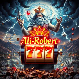 A dramatic and vibrant scene featuring Zeus, the god of thunder, surrounded by swirling clouds and bolts of lightning