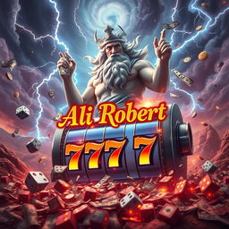 A dramatic and vibrant scene featuring Zeus, the god of thunder, surrounded by swirling clouds and bolts of lightning