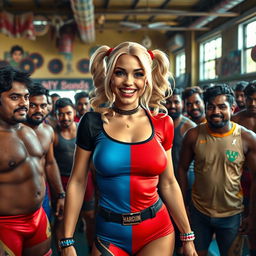 A beautiful blonde character inspired by Harley Quinn, depicted in a playful and confident manner, interacting with a lively crowd of male Indian wrestlers inside a low-budget gym