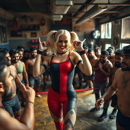 A beautiful blonde character inspired by Harley Quinn, depicted in a playful and confident manner, interacting with a lively crowd of male Indian wrestlers inside a low-budget gym