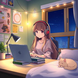 A cozy and cute anime girl student, sitting at her desk in a softly lit room at night