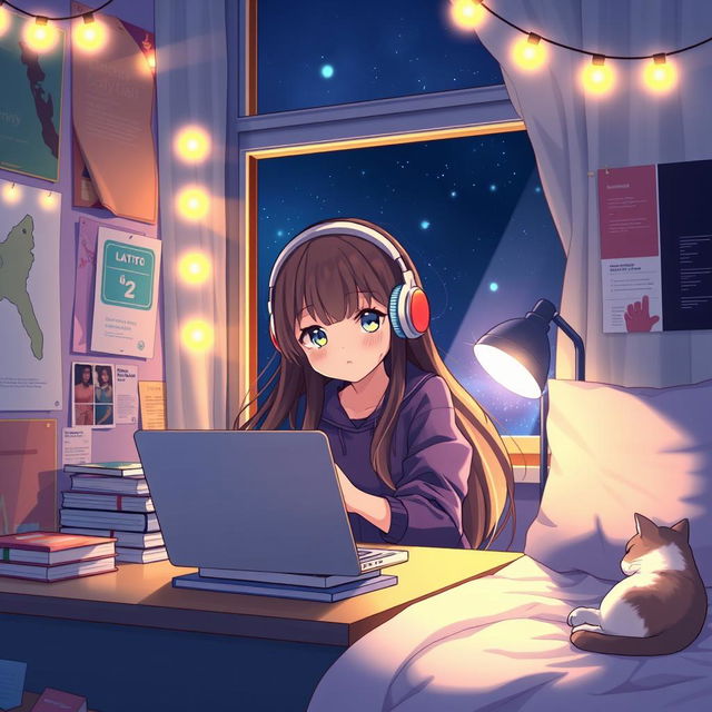 A cozy and cute anime girl student, sitting at her desk in a softly lit room at night