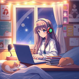 A cozy and cute anime girl student, sitting at her desk in a softly lit room at night