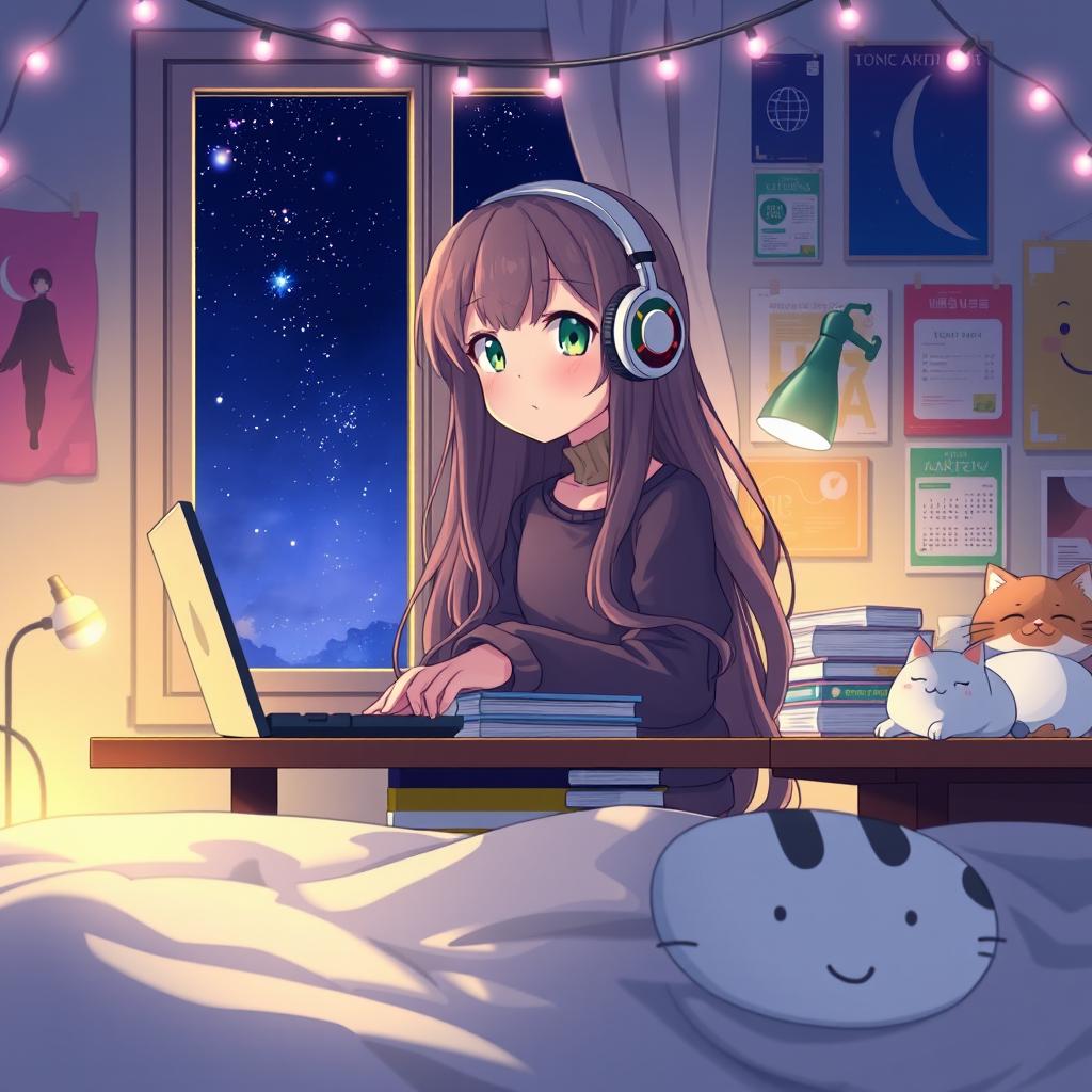 A cozy and cute anime girl student, sitting at her desk in a softly lit room at night