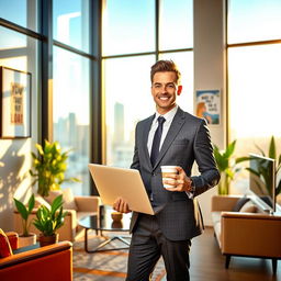 A vibrant and inspiring scene showcasing a successful young professional standing confidently in an elegantly decorated office