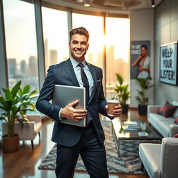 A vibrant and inspiring scene showcasing a successful young professional standing confidently in an elegantly decorated office