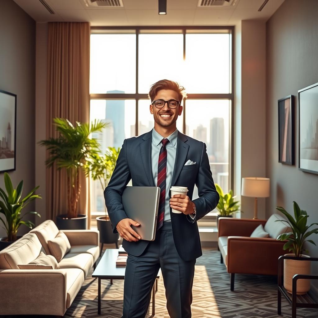 A vibrant and inspiring scene showcasing a successful young professional standing confidently in an elegantly decorated office