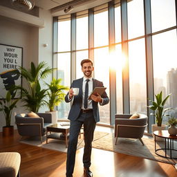 A vibrant and inspiring scene showcasing a successful young professional standing confidently in an elegantly decorated office