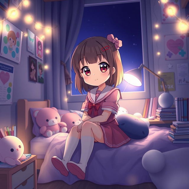 A cute anime schoolgirl sitting on her bed in a cozy, dimly lit room at night