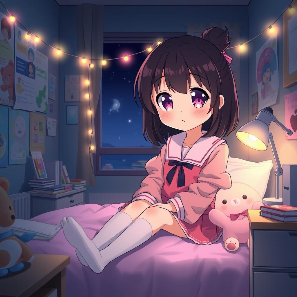 A cute anime schoolgirl sitting on her bed in a cozy, dimly lit room at night