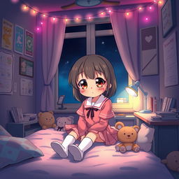 A cute anime schoolgirl sitting on her bed in a cozy, dimly lit room at night