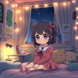 A cute anime schoolgirl sitting on her bed in a cozy, dimly lit room at night