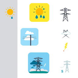 A collection of vector icons designed for an academic presentation in a Bachelor of Science in Electrical and Electronics Engineering (EEE), representing climate, aging of transmission lines, and storms