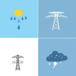 A collection of vector icons designed for an academic presentation in a Bachelor of Science in Electrical and Electronics Engineering (EEE), representing climate, aging of transmission lines, and storms