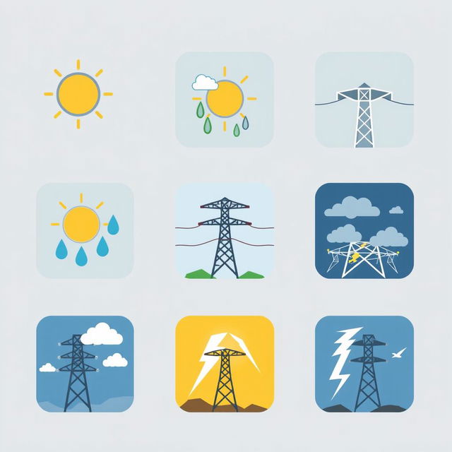 A collection of vector icons designed for an academic presentation in a Bachelor of Science in Electrical and Electronics Engineering (EEE), representing climate, aging of transmission lines, and storms