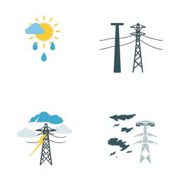 A collection of vector icons designed for an academic presentation in a Bachelor of Science in Electrical and Electronics Engineering (EEE), representing climate, aging of transmission lines, and storms