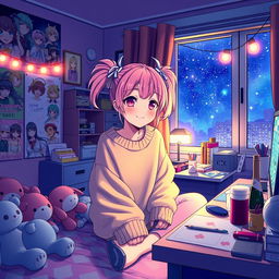 A vibrant and whimsical anime girl sitting in her cozy room at night, surrounded by soft, glowing lights