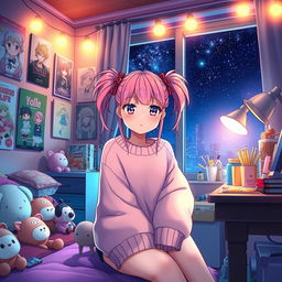 A vibrant and whimsical anime girl sitting in her cozy room at night, surrounded by soft, glowing lights