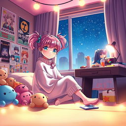 A vibrant and whimsical anime girl sitting in her cozy room at night, surrounded by soft, glowing lights