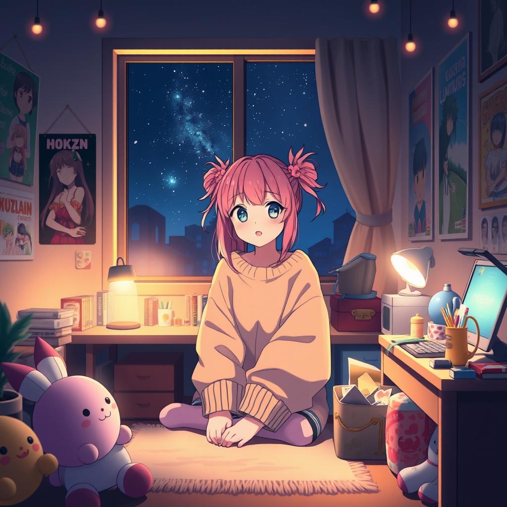 A vibrant and whimsical anime girl sitting in her cozy room at night, surrounded by soft, glowing lights