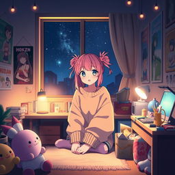 A vibrant and whimsical anime girl sitting in her cozy room at night, surrounded by soft, glowing lights