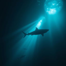 An eerie underwater scene featuring the silhouette of a great white shark gliding through deep blue ocean waters, dramatically illuminated by sunlight rays piercing the surface