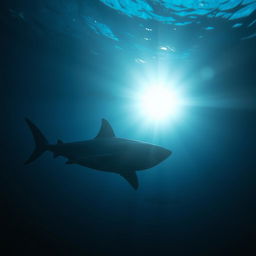 An eerie underwater scene featuring the silhouette of a great white shark gliding through deep blue ocean waters, dramatically illuminated by sunlight rays piercing the surface