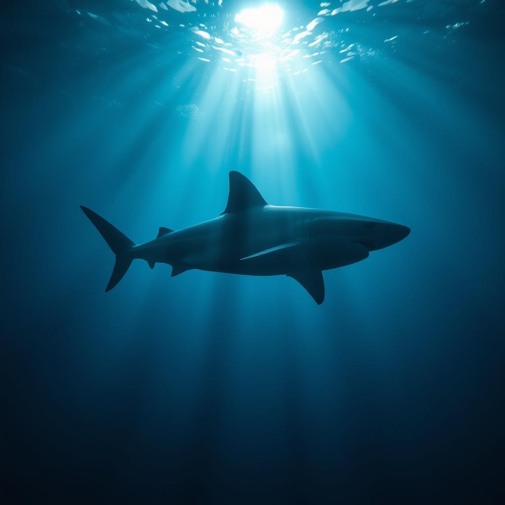 An eerie underwater scene featuring the silhouette of a great white shark gliding through deep blue ocean waters, dramatically illuminated by sunlight rays piercing the surface