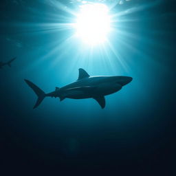 An eerie underwater scene featuring the silhouette of a great white shark gliding through deep blue ocean waters, dramatically illuminated by sunlight rays piercing the surface
