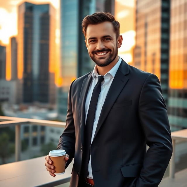 A confident man in a well-fitted suit standing against a modern city backdrop during sunset, looking directly at the camera with a charming smile