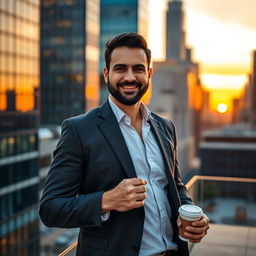 A confident man in a well-fitted suit standing against a modern city backdrop during sunset, looking directly at the camera with a charming smile