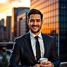A confident man in a well-fitted suit standing against a modern city backdrop during sunset, looking directly at the camera with a charming smile
