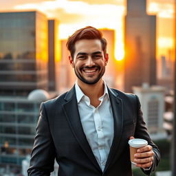 A confident man in a well-fitted suit standing against a modern city backdrop during sunset, looking directly at the camera with a charming smile