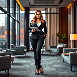 A full-length portrait of Marina Laswick clad in a sleek three-piece men's business suit, featuring tightly fitted pants that accentuate her curvaceous frame, emphasizing her 190-pound weight with fuller hips, thighs, and legs