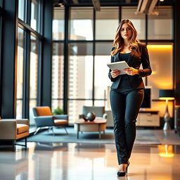 A full-length portrait of Marina Laswick clad in a sleek three-piece men's business suit, featuring tightly fitted pants that accentuate her curvaceous frame, emphasizing her 190-pound weight with fuller hips, thighs, and legs