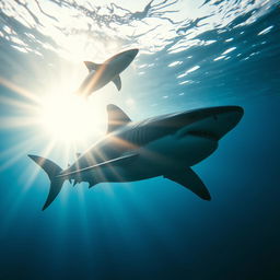 A striking underwater scene featuring the silhouette of a great white shark swimming through vivid deep blue ocean waters, illuminated by bright sunlight rays breaking through the surface