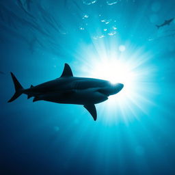 A striking underwater scene featuring the silhouette of a great white shark swimming through vivid deep blue ocean waters, illuminated by bright sunlight rays breaking through the surface