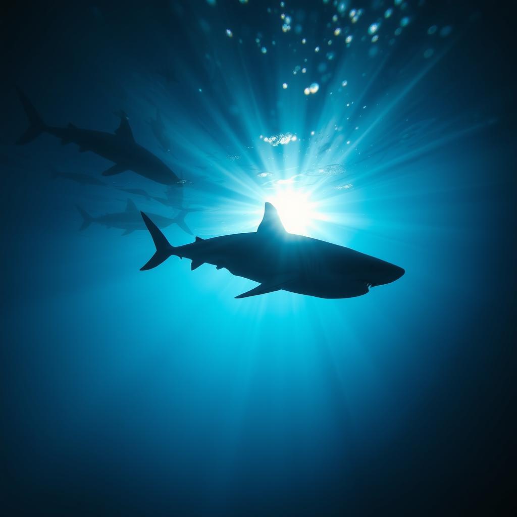 A striking underwater scene featuring the silhouette of a great white shark swimming through vivid deep blue ocean waters, illuminated by bright sunlight rays breaking through the surface