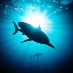 A striking underwater scene featuring the silhouette of a great white shark swimming through vivid deep blue ocean waters, illuminated by bright sunlight rays breaking through the surface