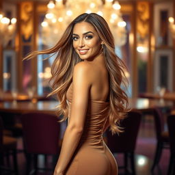 A glamorous scene featuring a stunning, confident woman with flowing long hair and an alluring smile