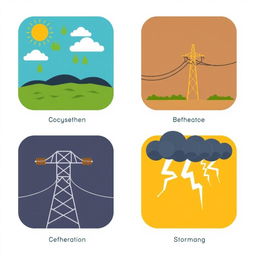 A set of vector icons designed for an academic presentation in a Bachelor of Science in Electrical and Electronics Engineering (EEE), depicting themes of climate, aging transmission lines, and storms
