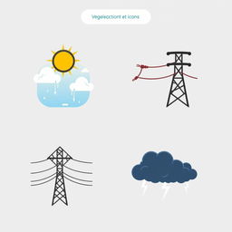 A set of vector icons designed for an academic presentation in a Bachelor of Science in Electrical and Electronics Engineering (EEE), depicting themes of climate, aging transmission lines, and storms