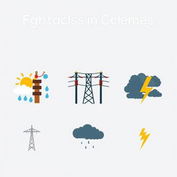 A set of vector icons designed for an academic presentation in a Bachelor of Science in Electrical and Electronics Engineering (EEE), depicting themes of climate, aging transmission lines, and storms