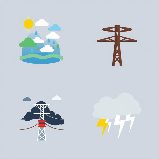 A set of vector icons designed for an academic presentation in a Bachelor of Science in Electrical and Electronics Engineering (EEE), depicting themes of climate, aging transmission lines, and storms