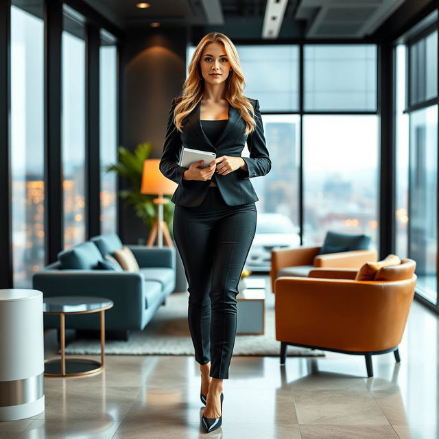 A full-length portrait of the stunning and beautiful Marina Laswick, elegantly clad in a fitted men's three-piece business suit that highlights her curvy figure