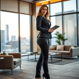 A full-length portrait of the stunning and beautiful Marina Laswick, elegantly clad in a fitted men's three-piece business suit that highlights her curvy figure