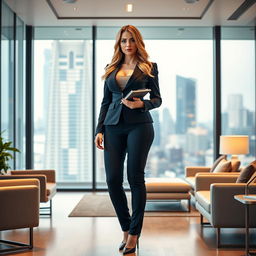 A full-length portrait of the stunning and beautiful Marina Laswick, elegantly clad in a fitted men's three-piece business suit that highlights her curvy figure
