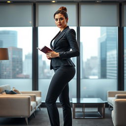 A full-length portrait of the beautiful and stunning Marina, elegantly dressed in a fitted men's three-piece business suit that accentuates her curvy figure