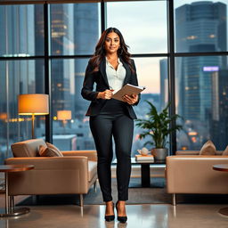A full-length portrait of the beautiful and stunning Marina, elegantly dressed in a fitted men's three-piece business suit that accentuates her curvy figure